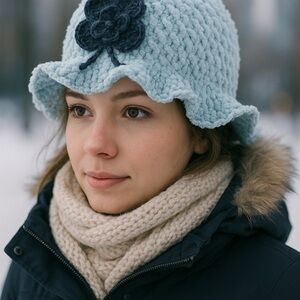 Chic Light Blue Knit Hat with Floral Detail